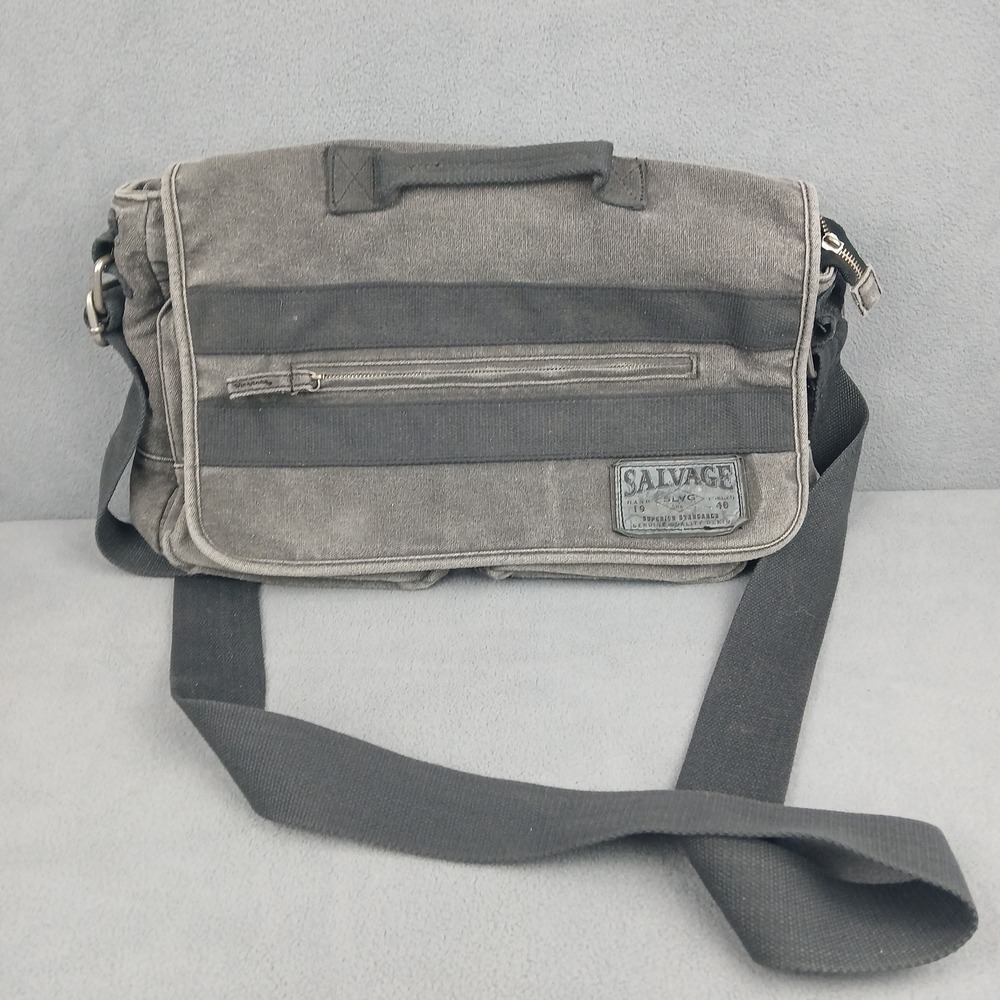 Salvage Canvas Messenger Bag Adjustable Strap Foldover Snap and Zipper Closure
